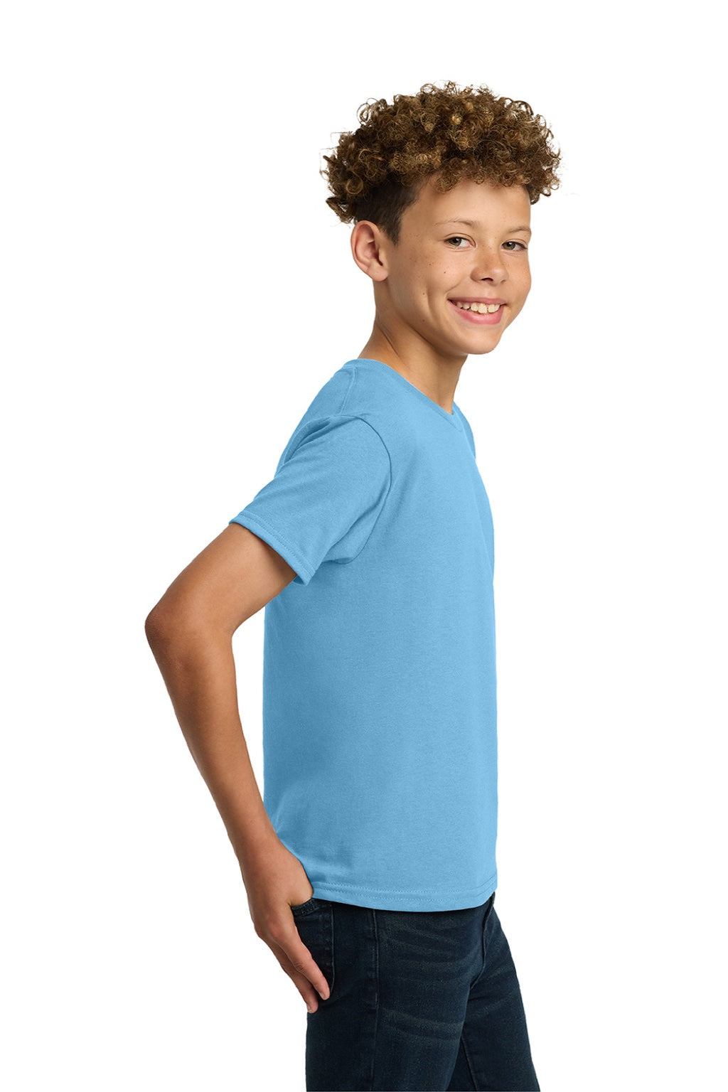 Gildan 5000B Youth Short Sleeve Crewneck T-Shirt Sky Blue Model Side