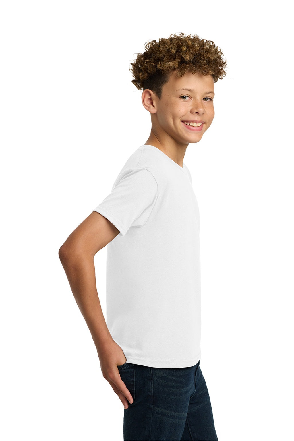 Gildan 5000B Youth Short Sleeve Crewneck T-Shirt White Model Side