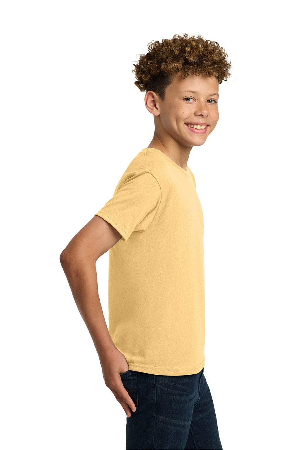 Gildan 5000B Youth Short Sleeve Crewneck T-Shirt Yellow Haze Model Side