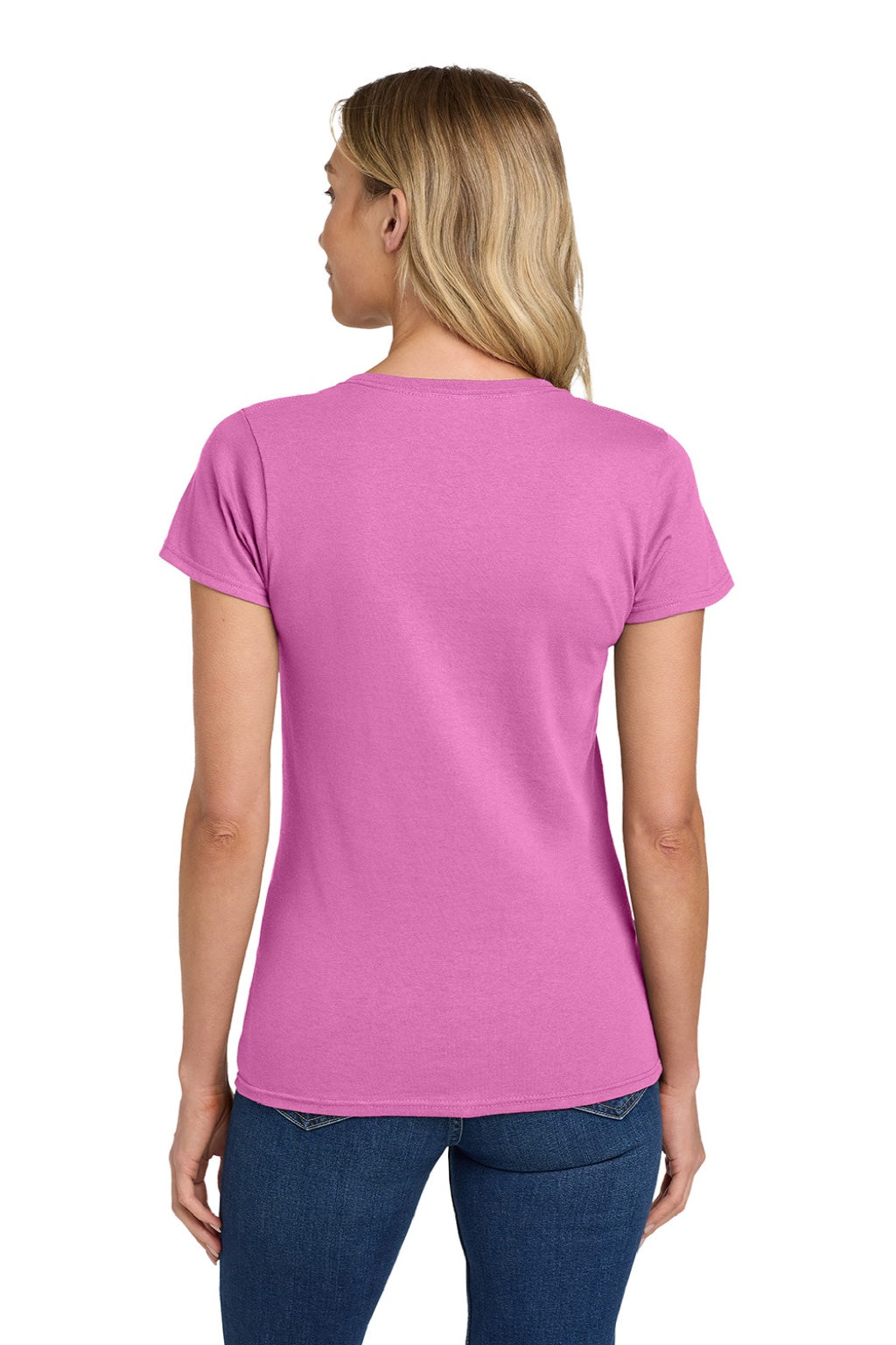 Gildan 5000L Womens Short Sleeve Crewneck T-Shirt Azalea Pink Model Back
