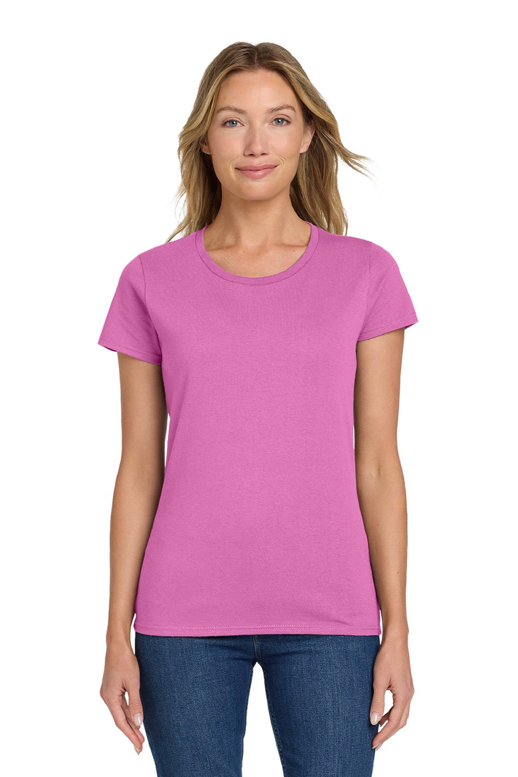 Gildan 5000L Womens Short Sleeve Crewneck T-Shirt Azalea Pink Model Front