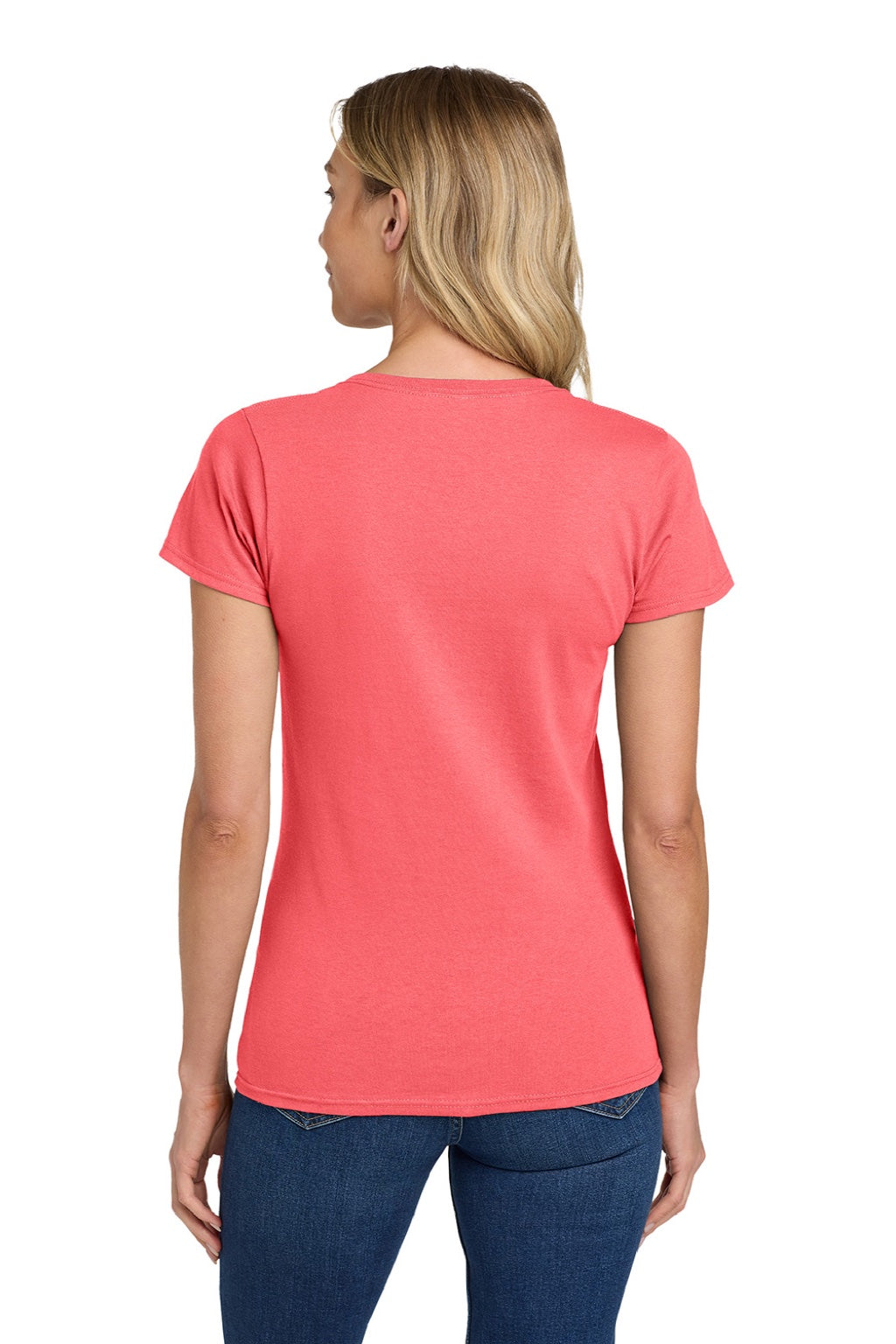 Gildan 5000L Womens Short Sleeve Crewneck T-Shirt Coral Silk Model Back