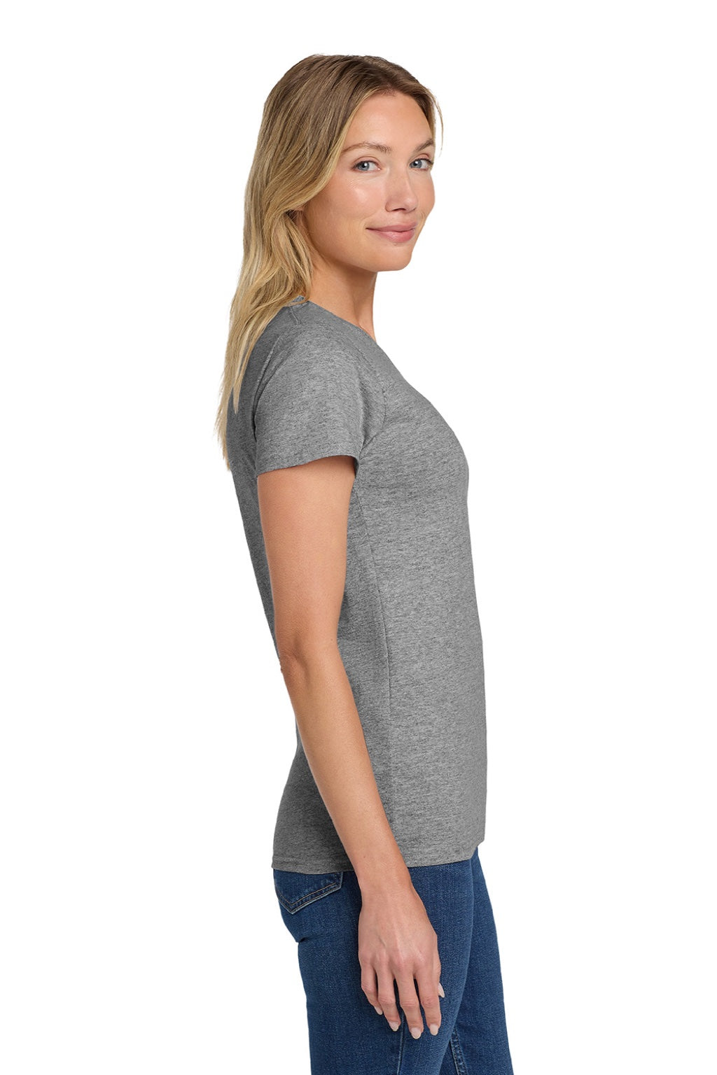 Gildan 5000L Womens Short Sleeve Crewneck T-Shirt Heather Graphite Grey Model Side