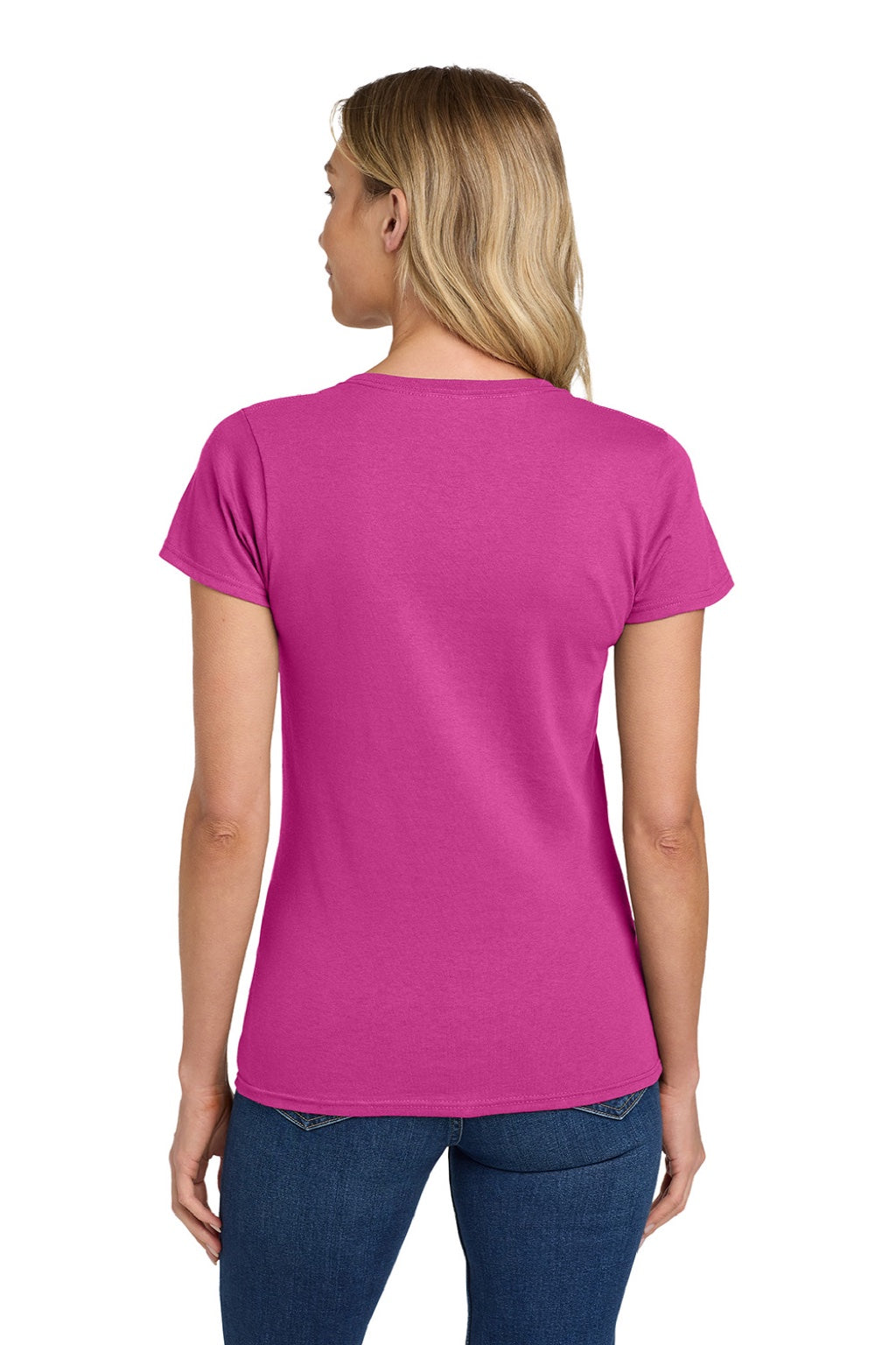 Gildan 5000L Womens Short Sleeve Crewneck T-Shirt Heliconia Pink Model Back