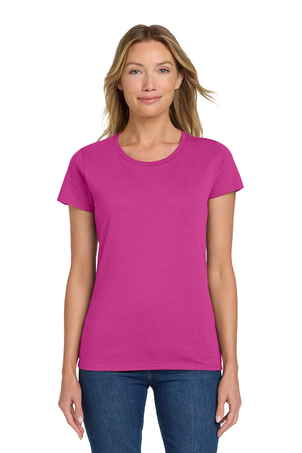 Gildan 5000L Womens Short Sleeve Crewneck T-Shirt Heliconia Pink Model Front
