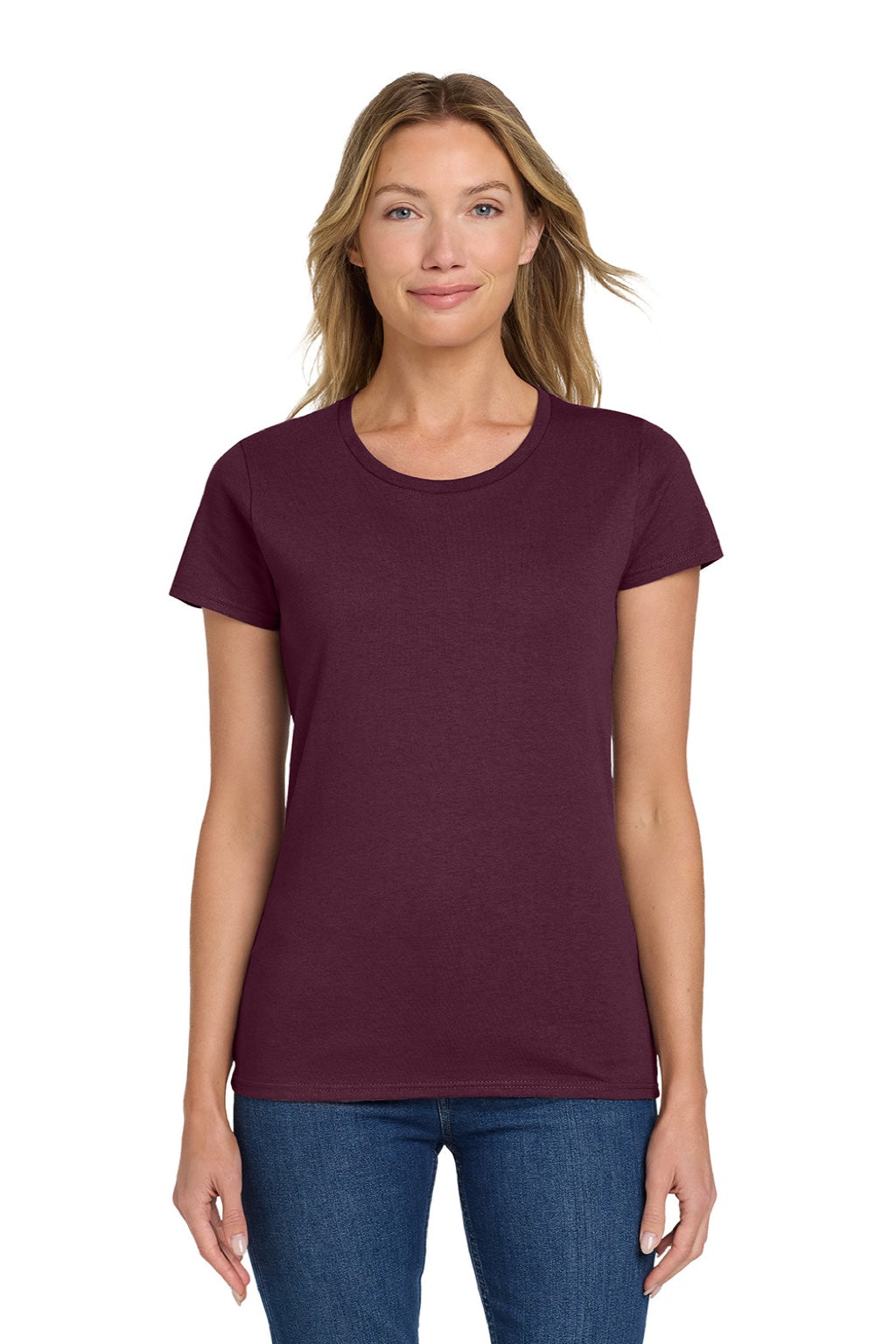 Gildan 5000L Womens Short Sleeve Crewneck T-Shirt Maroon Model Front