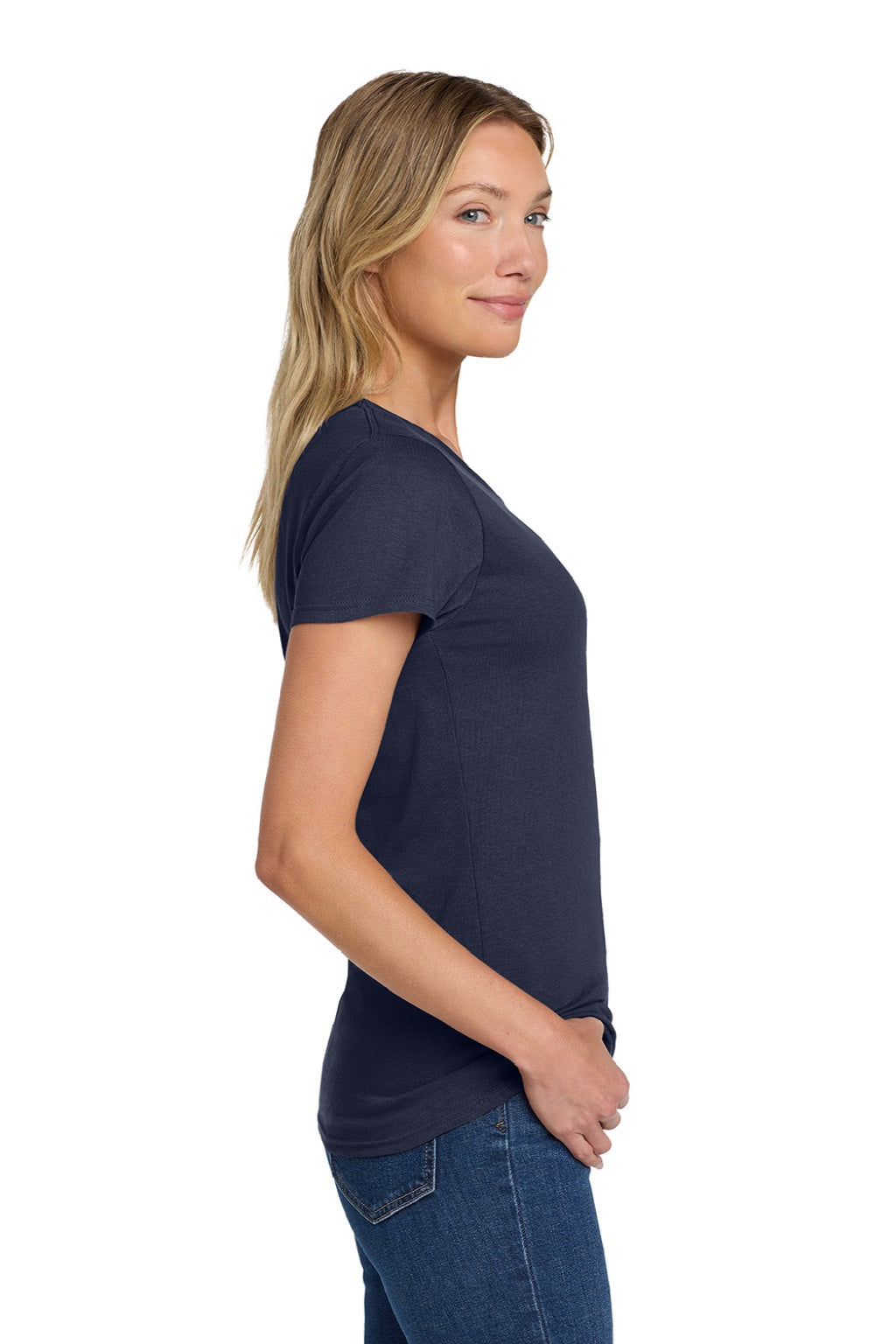 Gildan 5000L Womens Short Sleeve Crewneck T-Shirt Navy Blue Model Side