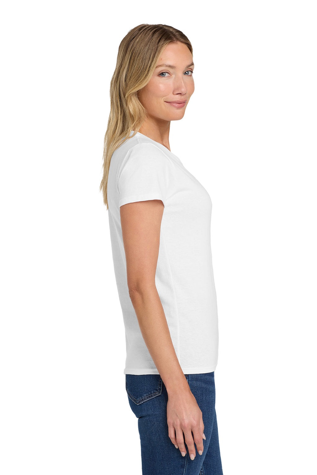 Gildan 5000L Womens Short Sleeve Crewneck T-Shirt White Model Side