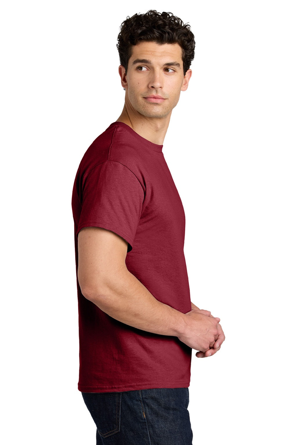 Gildan 5000 Mens Short Sleeve Crewneck T-Shirt Antique Cherry Red Model Side