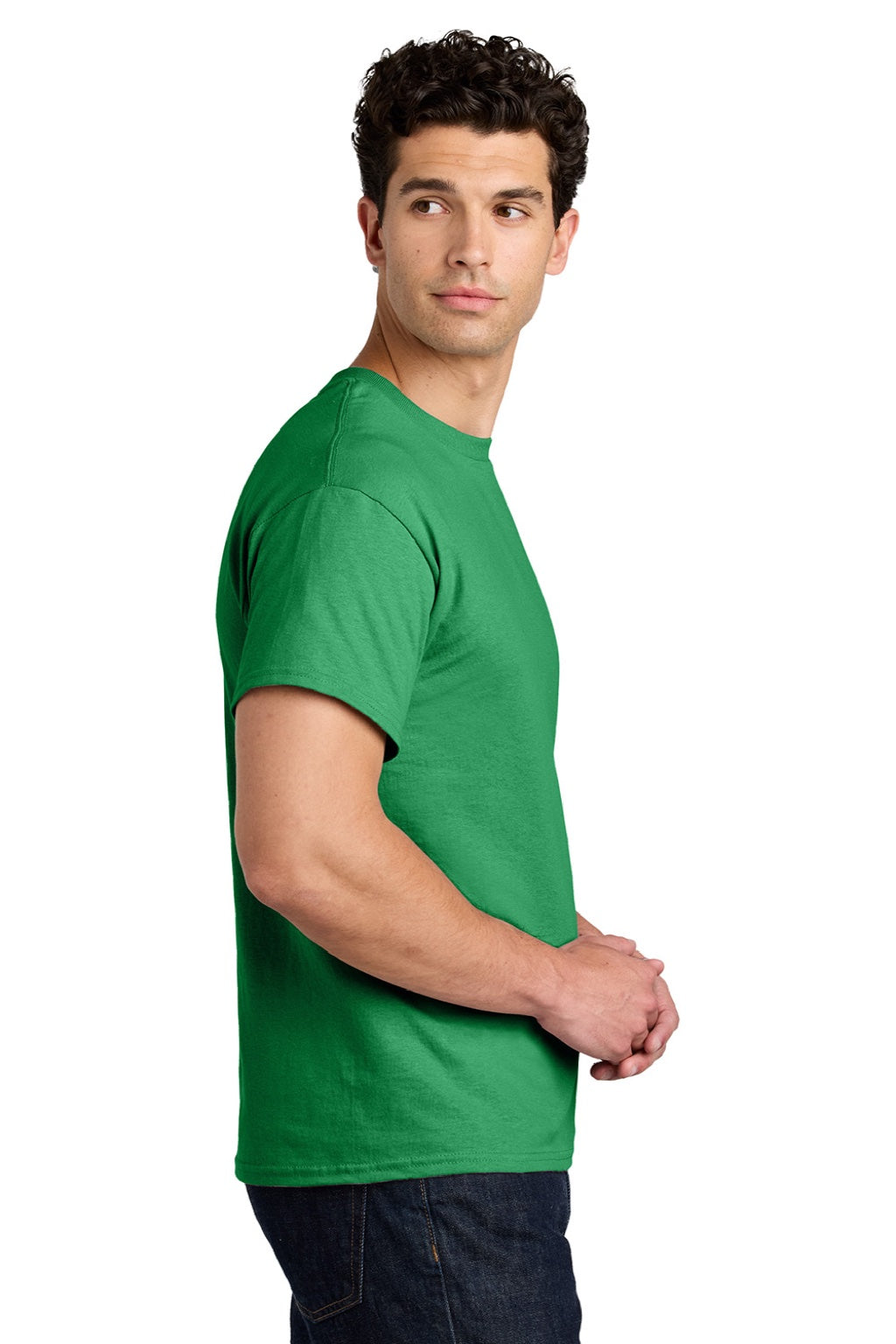 Gildan 5000 Mens Short Sleeve Crewneck T-Shirt Antique Irish Green Model Side
