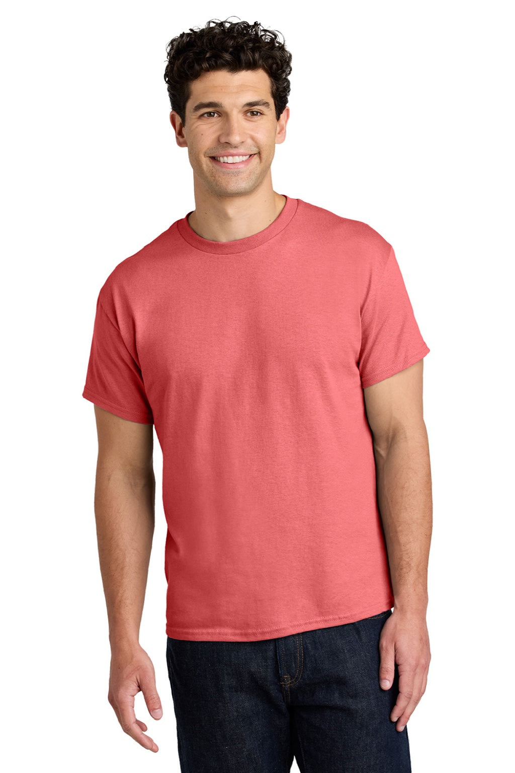 Gildan 5000 Mens Short Sleeve Crewneck T-Shirt Coral Silk Model Front