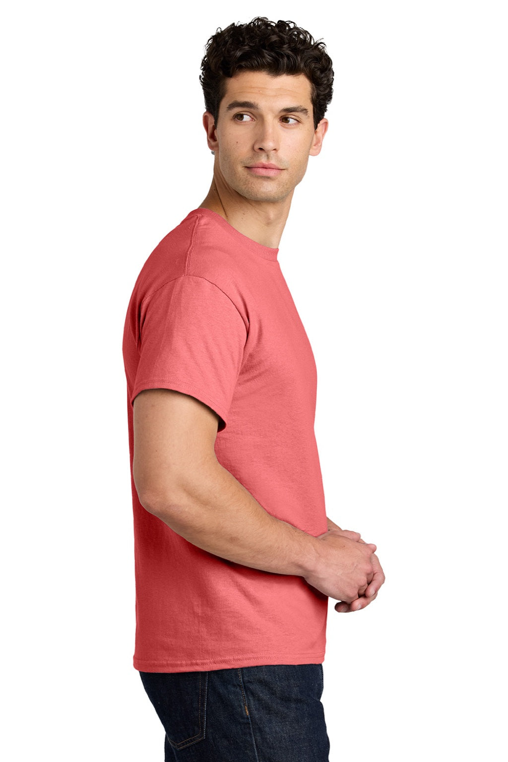 Gildan 5000 Mens Short Sleeve Crewneck T-Shirt Coral Silk Model Side