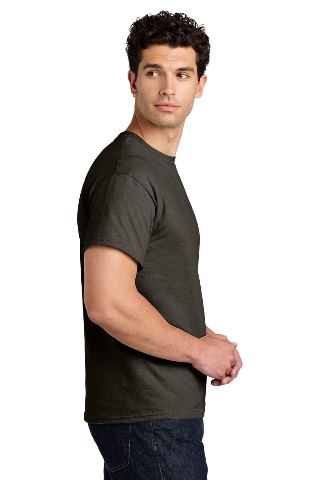 Gildan 5000 Mens Short Sleeve Crewneck T-Shirt Dark Chocolate Brown Model Side