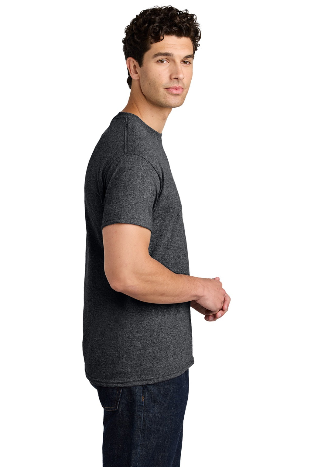 Gildan 5000 Mens Short Sleeve Crewneck T-Shirt Heather Dark Grey Model Side