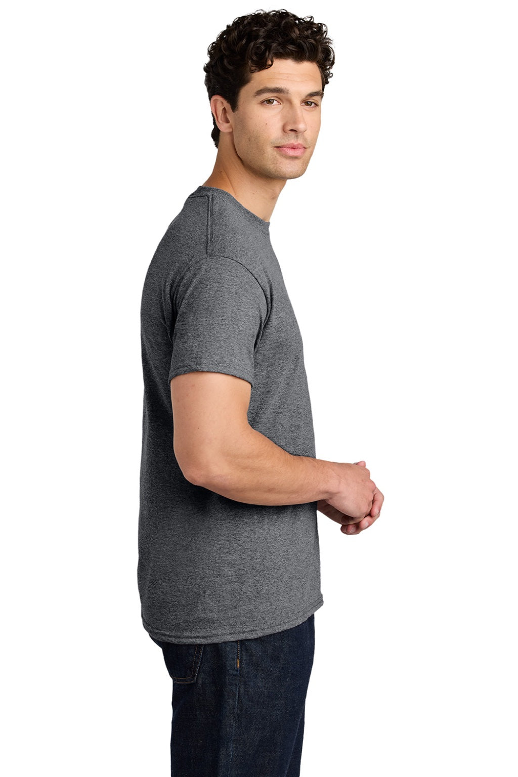 Gildan 5000 Mens Short Sleeve Crewneck T-Shirt Heather Graphite Grey Model Side