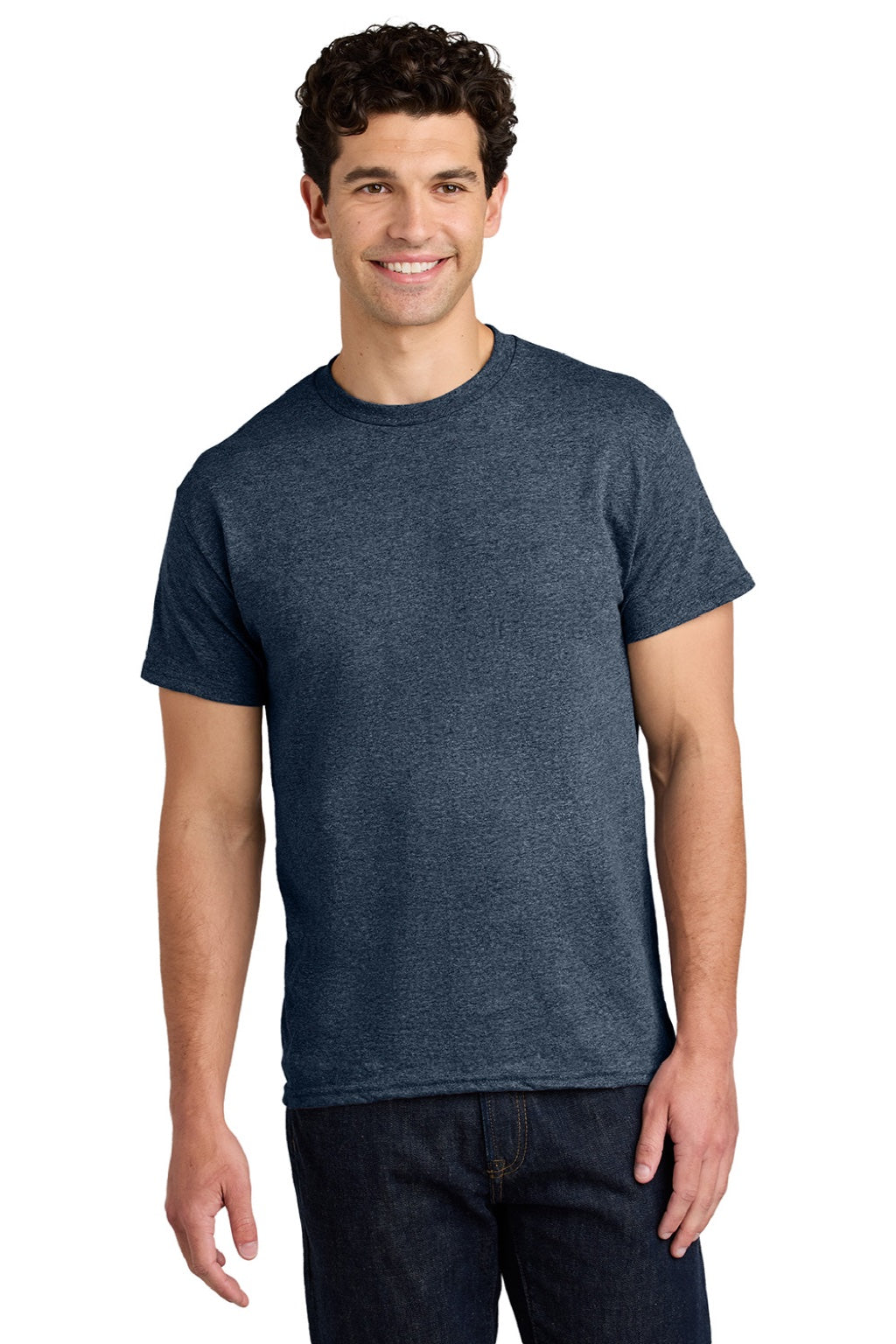 Gildan 5000 Mens Short Sleeve Crewneck T-Shirt Heather Navy Blue Model Front