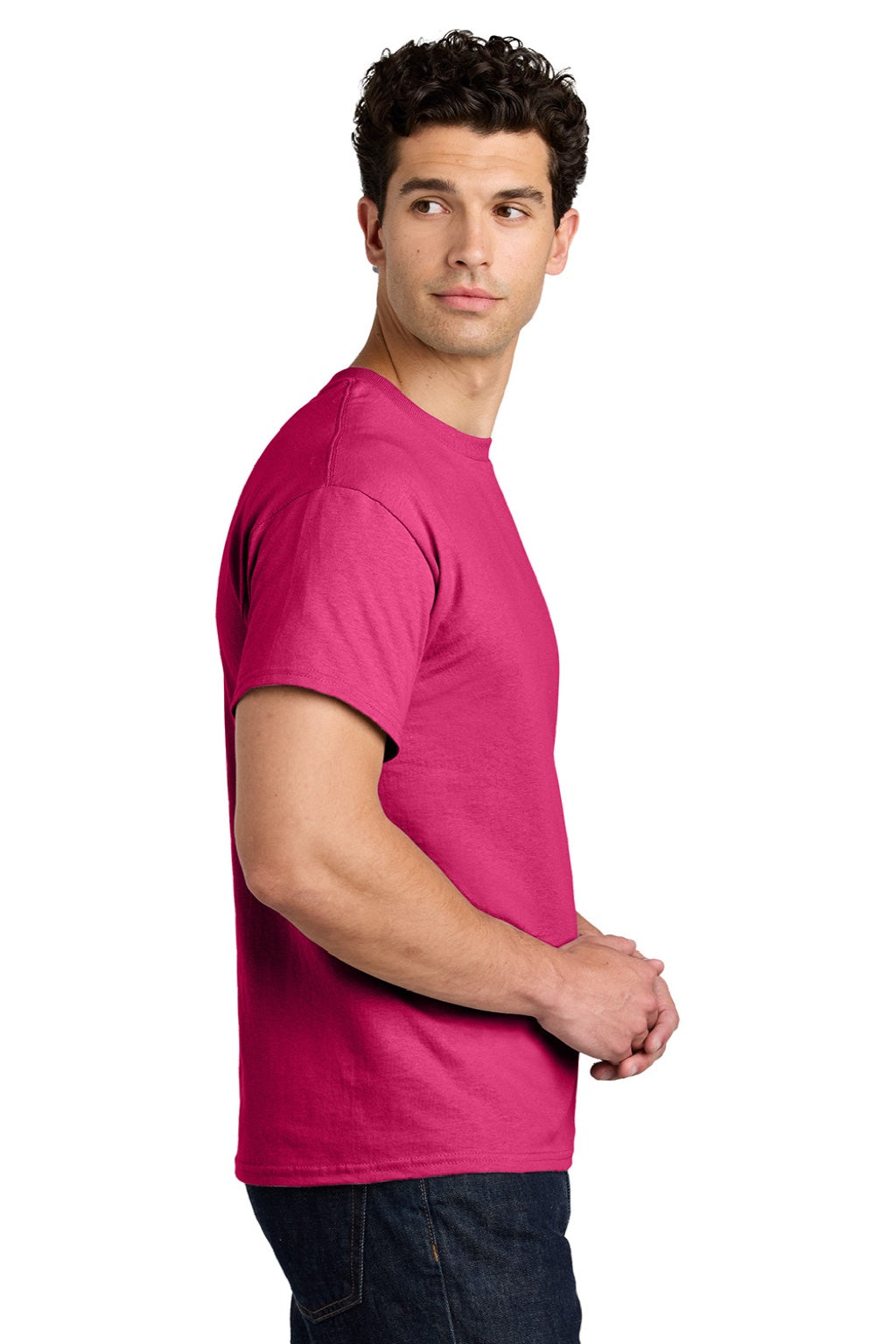Gildan 5000 Mens Short Sleeve Crewneck T-Shirt Heliconia Pink Model Side