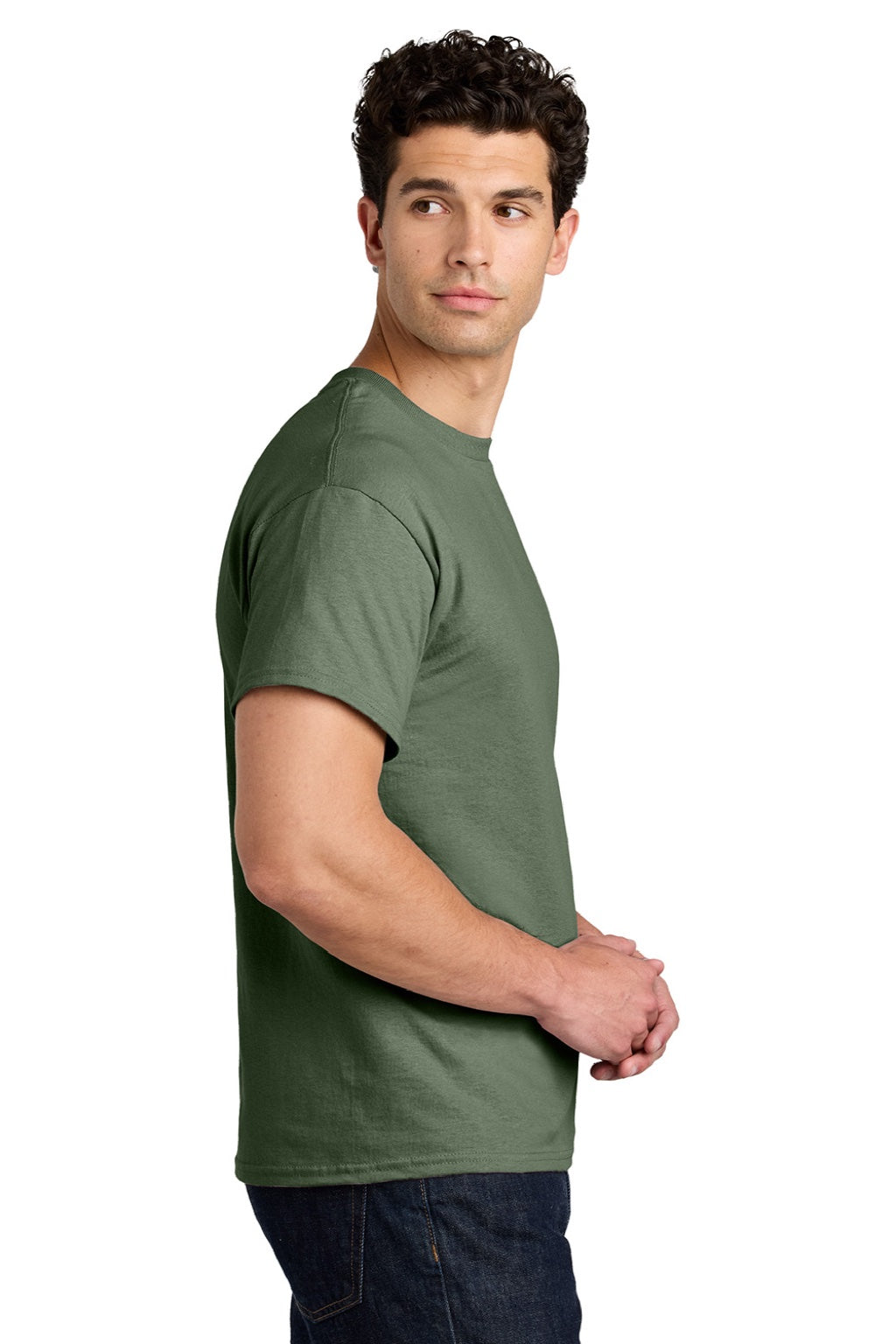 Gildan 5000 Mens Short Sleeve Crewneck T-Shirt Military Green Model Side