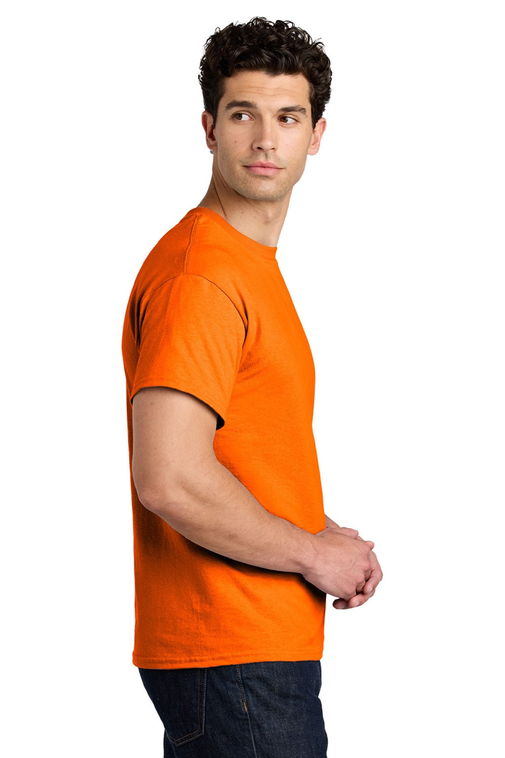 Gildan 5000 Mens Short Sleeve Crewneck T-Shirt Safety Orange Model Side