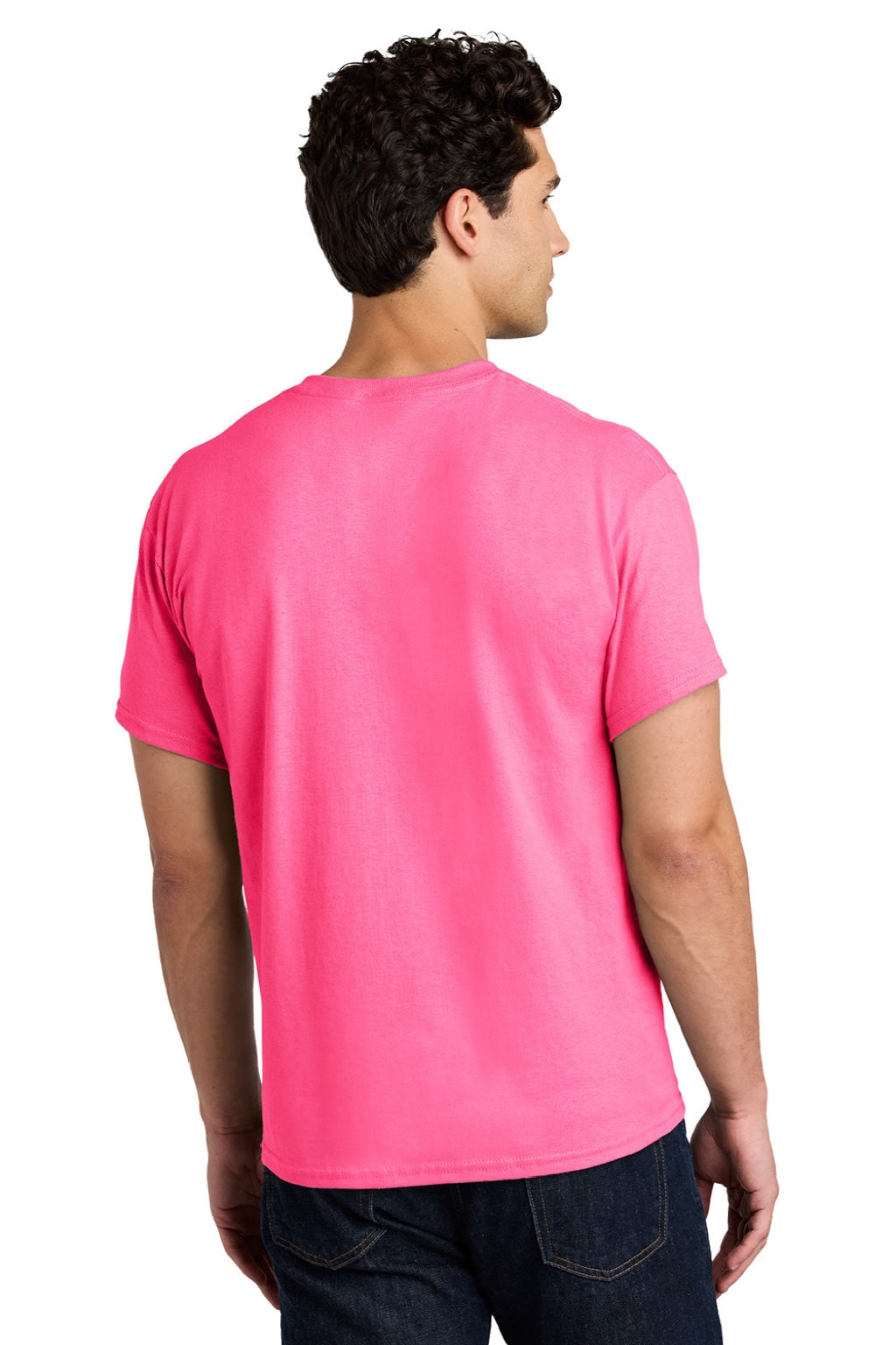 Gildan 5000 Mens Short Sleeve Crewneck T-Shirt Safety Pink Model Back