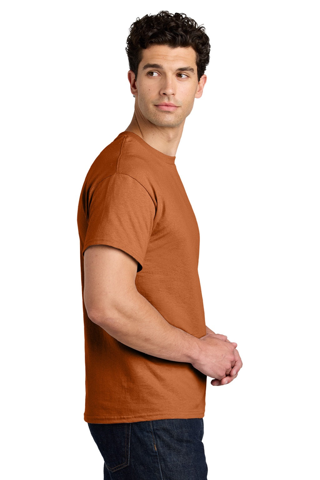 Gildan 5000 Mens Short Sleeve Crewneck T-Shirt Texas Orange Model Side