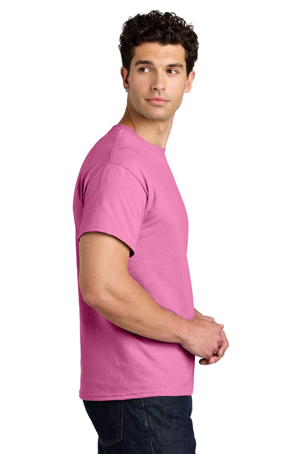 Gildan 5000 Mens Short Sleeve Crewneck T-Shirt Azalea Pink Model Side