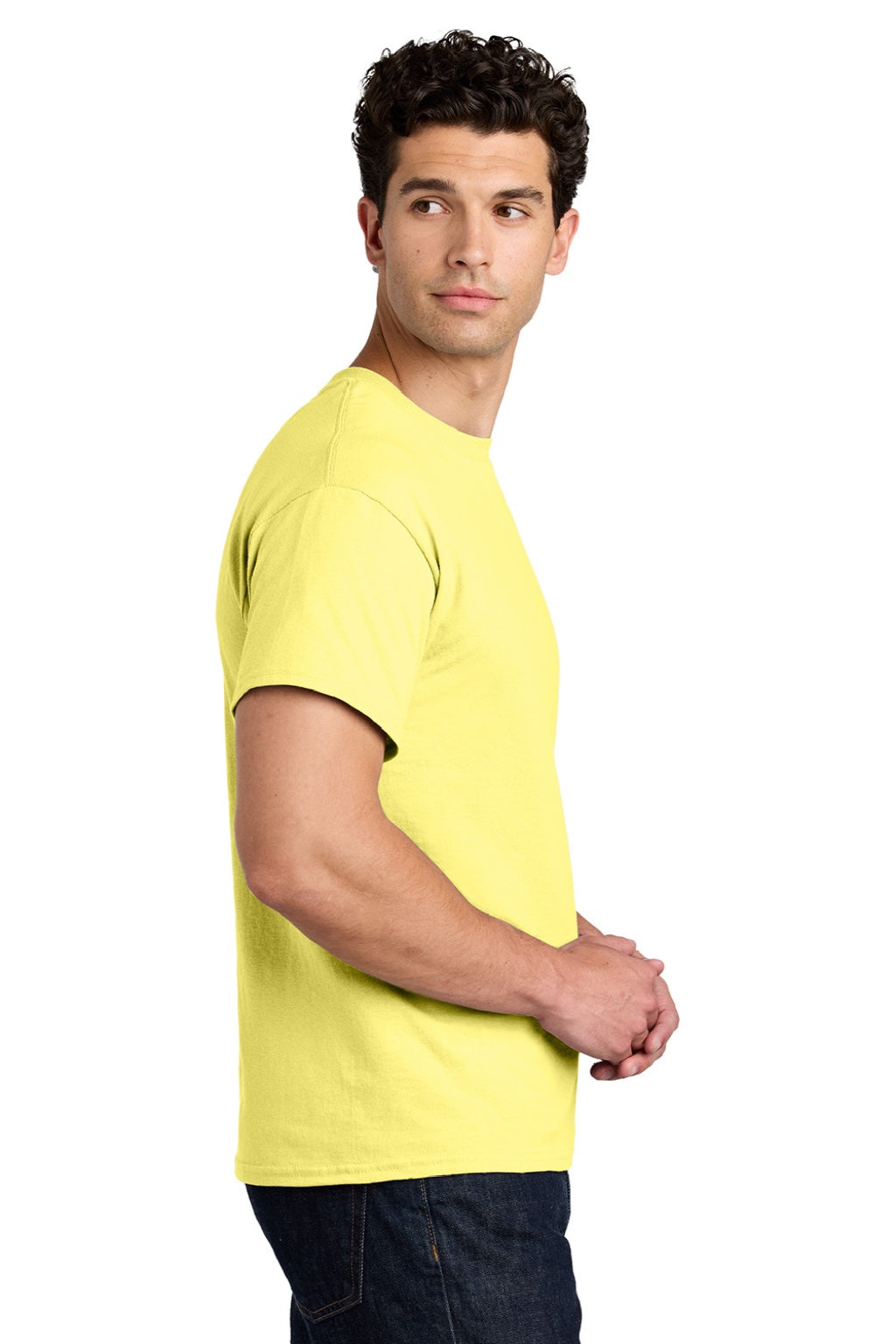 Gildan 5000 Mens Short Sleeve Crewneck T-Shirt Cornsilk Yellow Model Side