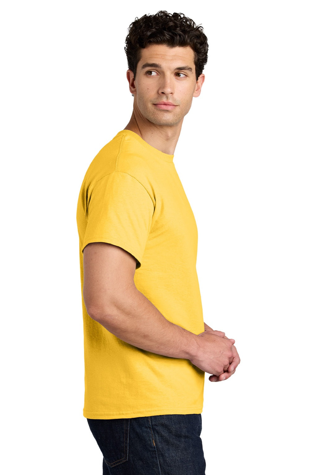 Gildan 5000 Mens Short Sleeve Crewneck T-Shirt Daisy Yellow Model Side