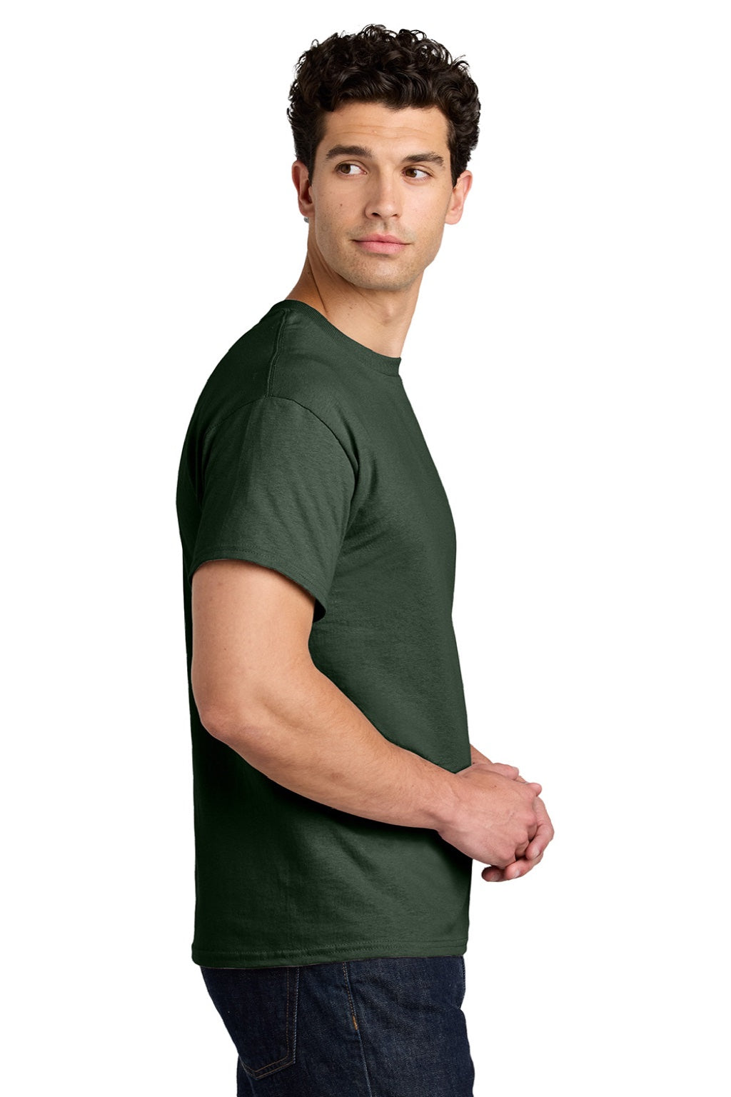 Gildan 5000 Mens Short Sleeve Crewneck T-Shirt Forest Green Model Side