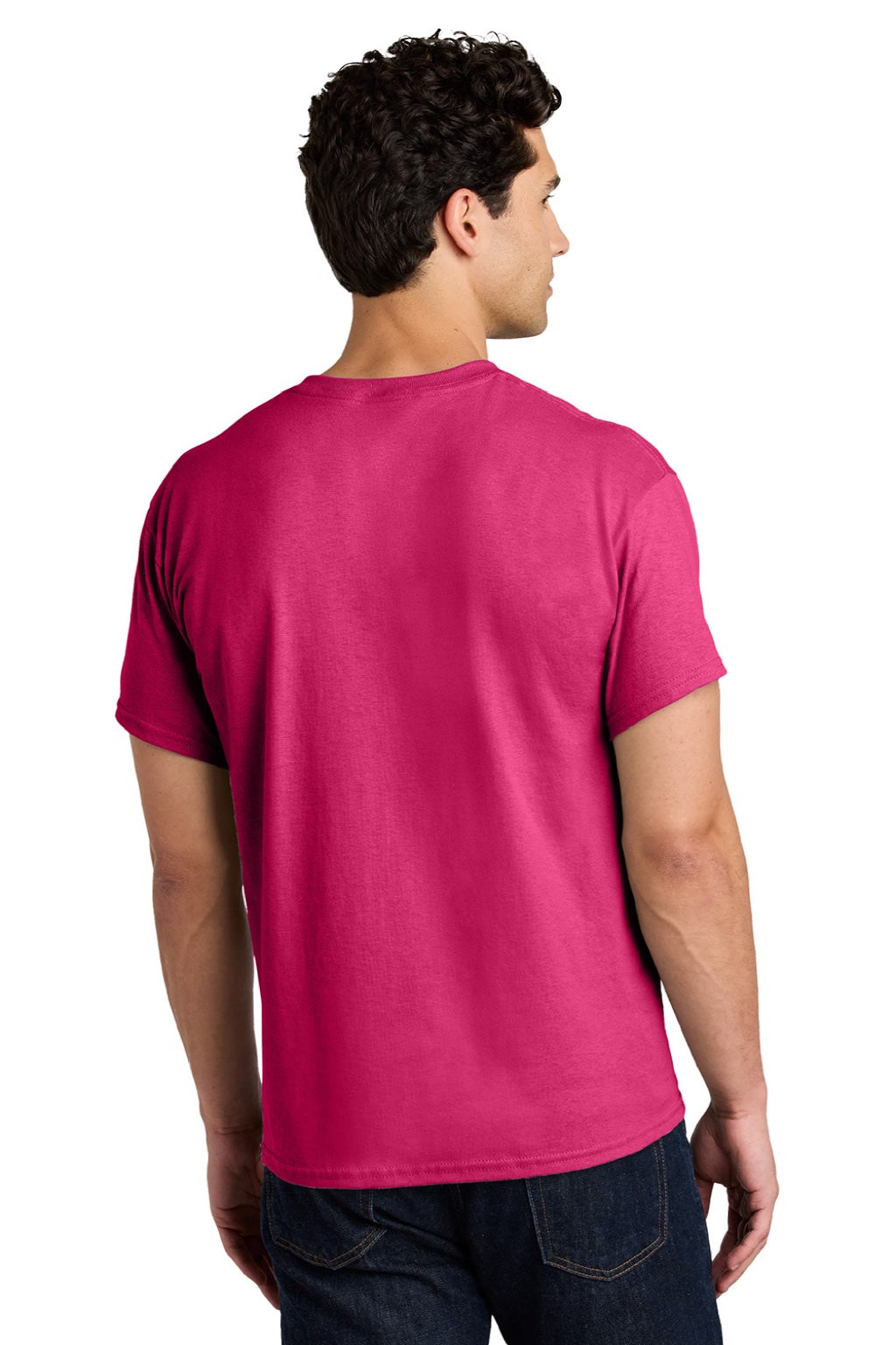 Gildan 5000 Mens Short Sleeve Crewneck T-Shirt Heliconia Pink Model Back