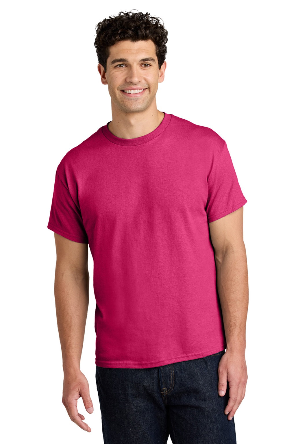 Gildan 5000 Mens Short Sleeve Crewneck T-Shirt Heliconia Pink Model Front
