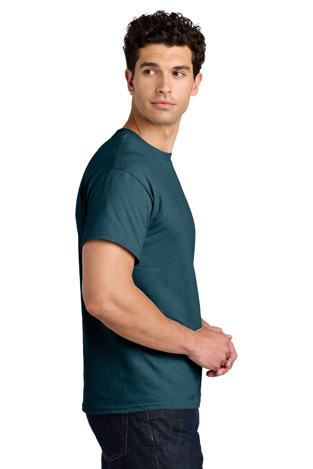 Gildan 5000 Mens Short Sleeve Crewneck T-Shirt Midnight Blue Model Side