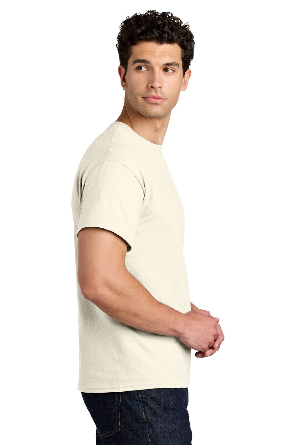 Gildan 5000 Mens Short Sleeve Crewneck T-Shirt Natural Model Side