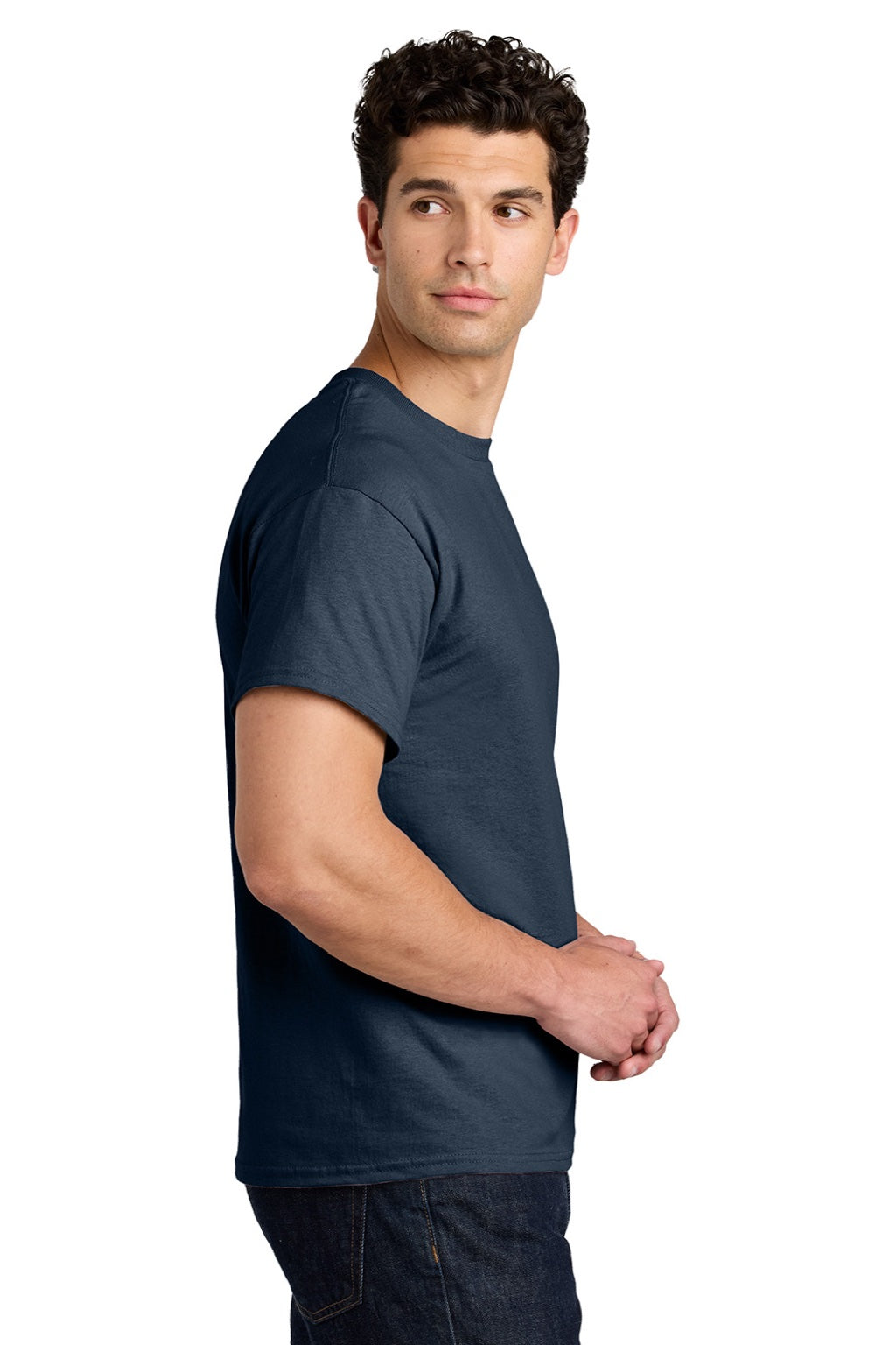 Gildan 5000 Mens Short Sleeve Crewneck T-Shirt Navy Blue Model Side