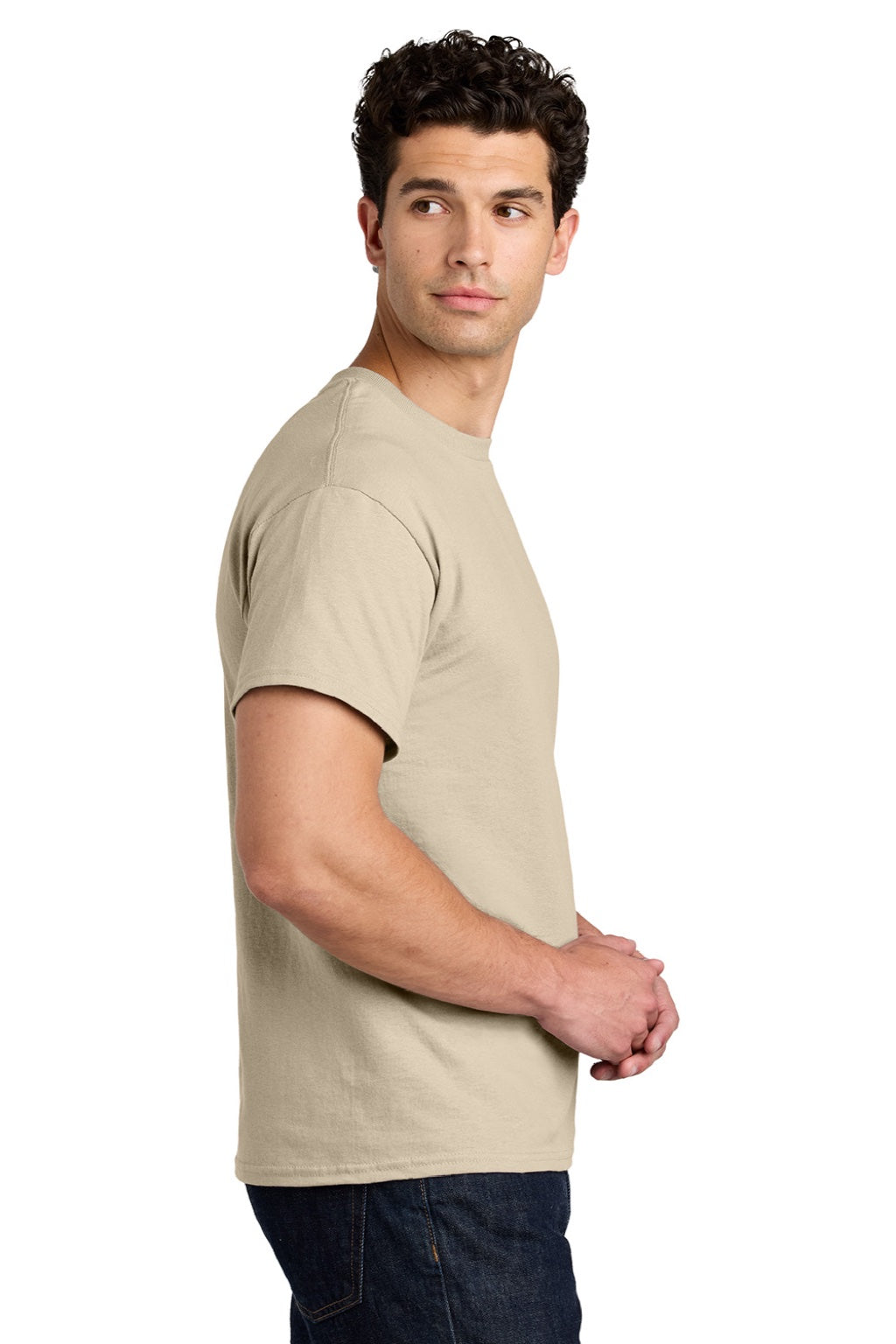 Gildan 5000 Mens Short Sleeve Crewneck T-Shirt Sand Model Side