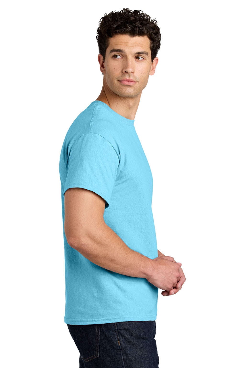 Gildan 5000 Mens Short Sleeve Crewneck T-Shirt Sky Blue Model Side