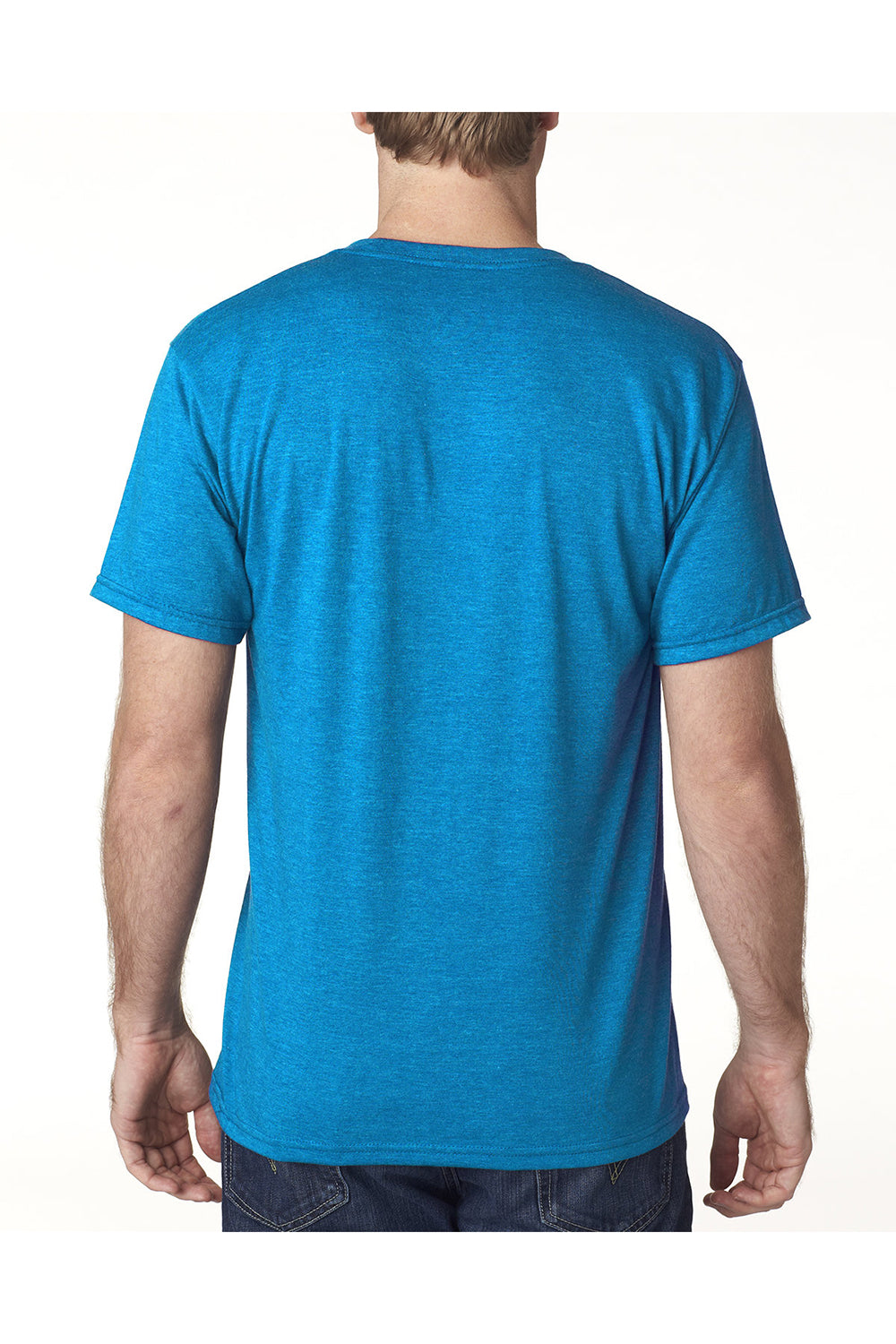 Bayside 5010 Mens USA Made Short Sleeve Crewneck T-Shirt Heather Turquoise Blue Model Back