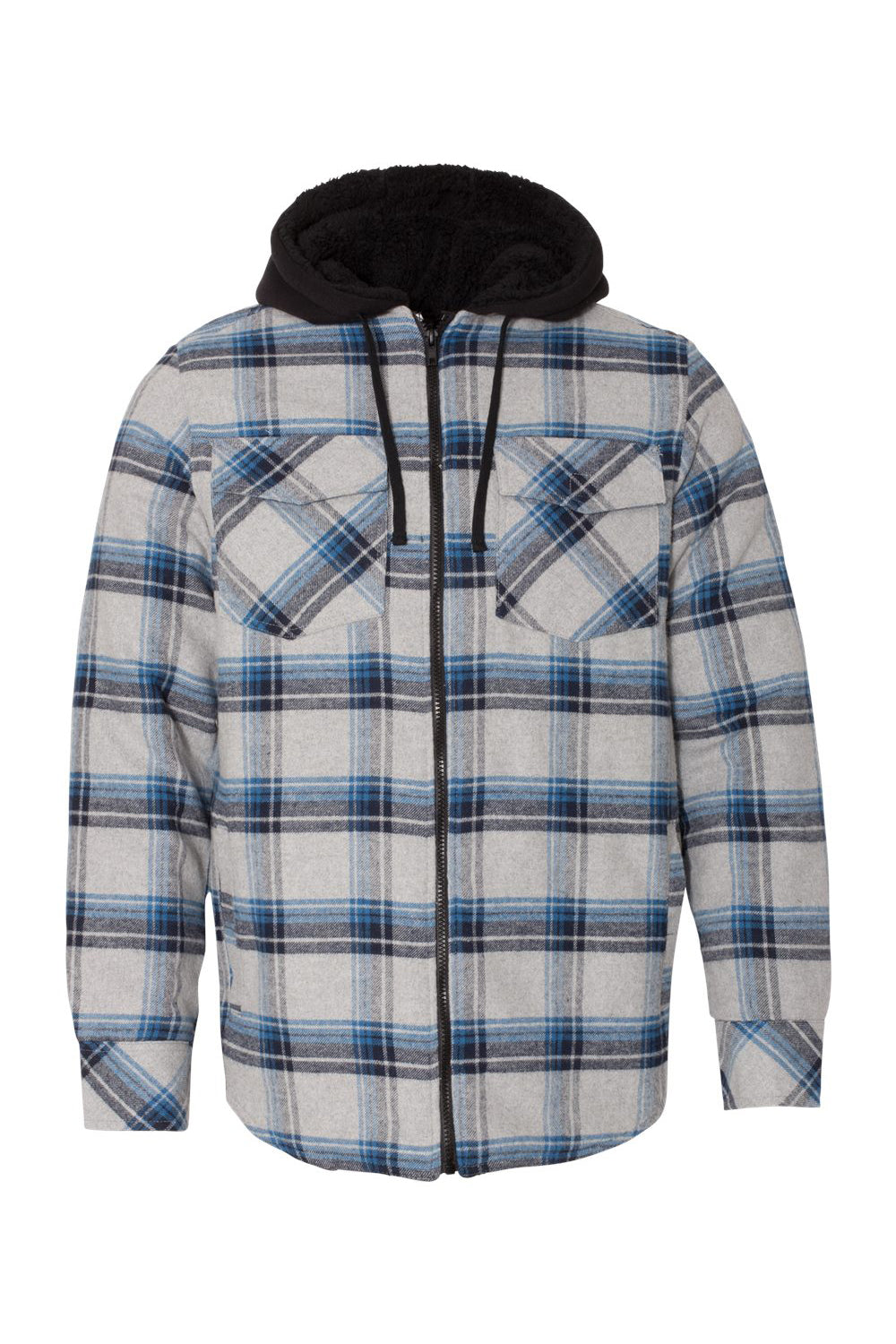 Burnside 8620 Mens Quilted Flannel Full Zip Hooded Jacket Grey/Blue Flat Front