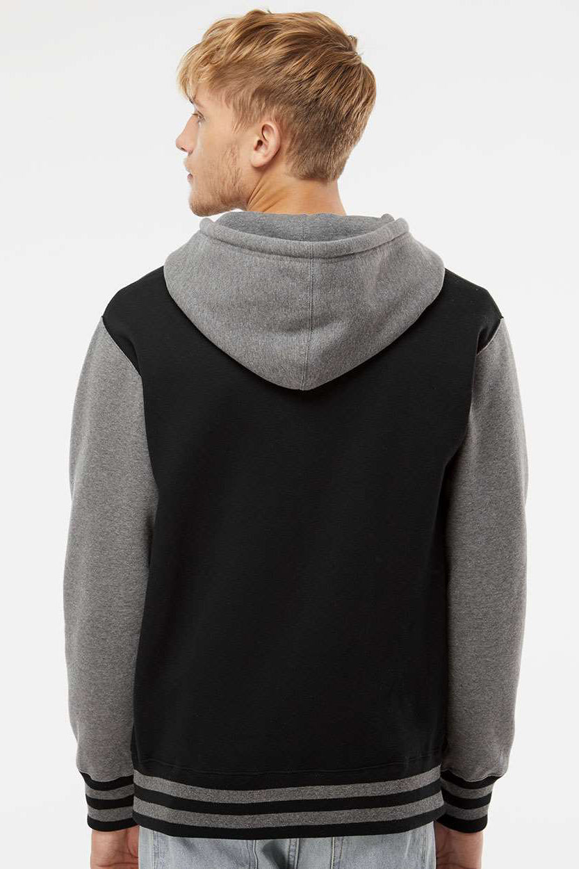 Independent Trading Company IND45UVZ Mens Varsity Full Zip Hooded Sweatshirt Hoodie w/ Pockets Black/Heather Gunmetal Grey Model Back