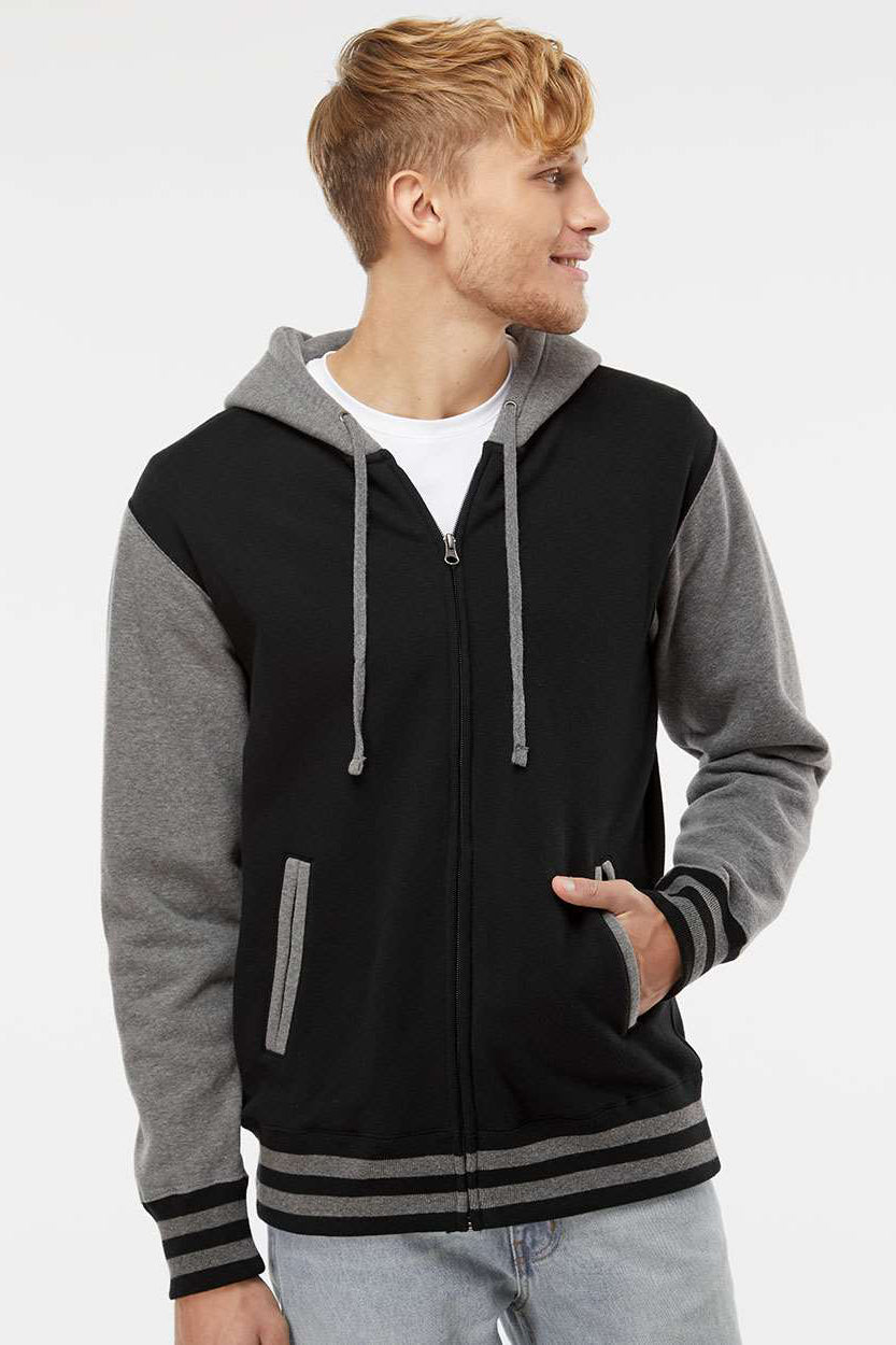 Independent Trading Company IND45UVZ Mens Varsity Full Zip Hooded Sweatshirt Hoodie w/ Pockets Black/Heather Gunmetal Grey Model Front