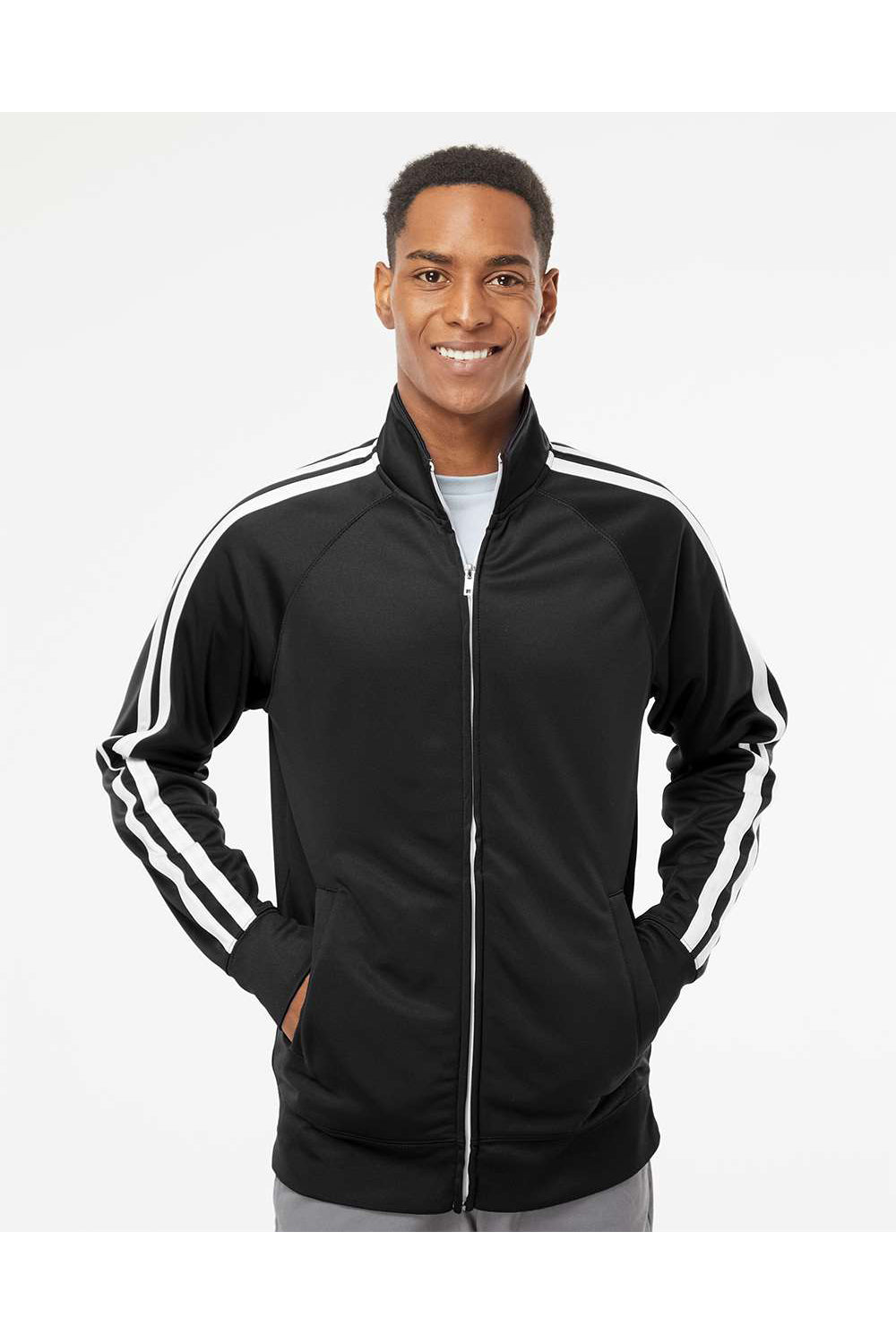 Independent Trading Co. EXP70PTZ Mens Poly Tech Full Zip Track Jacket Black/White Model Front