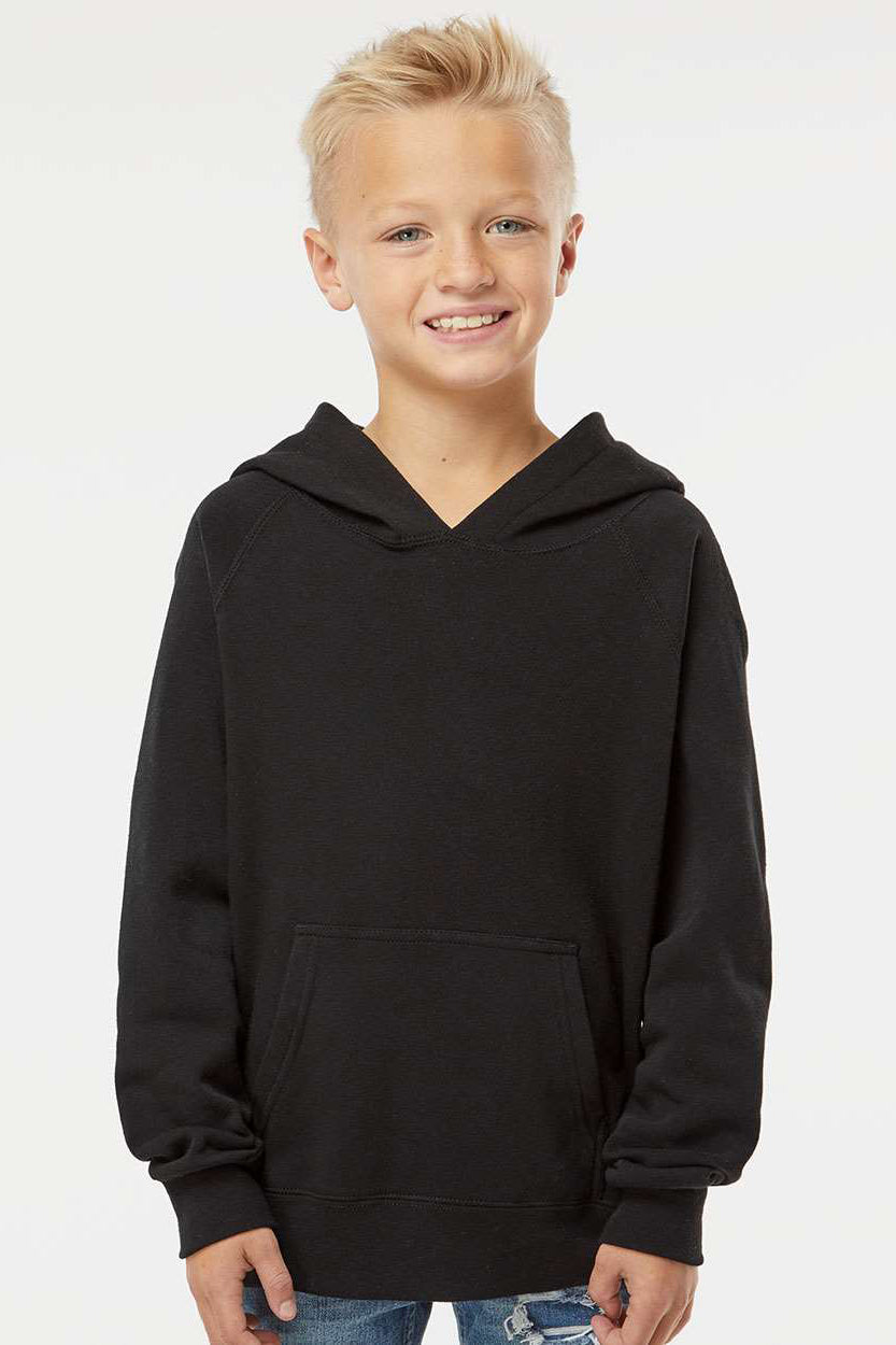 Independent Trading Company PRM15YSB Youth Special Blend Raglan Hooded Sweatshirt Hoodie w/ Pouch Pocket Black Model Front