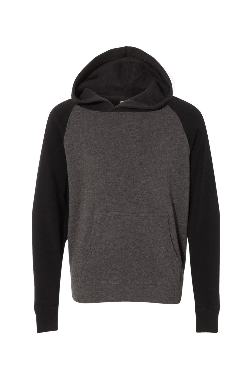 Independent Trading Company PRM15YSB Youth Special Blend Raglan Hooded Sweatshirt Hoodie w/ Pouch Pocket Carbon Grey/Black Flat Front
