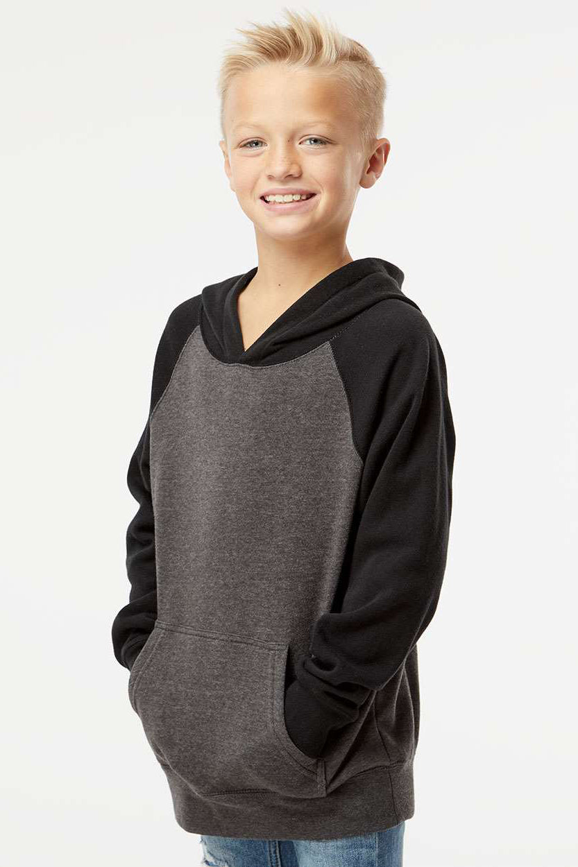 Independent Trading Company PRM15YSB Youth Special Blend Raglan Hooded Sweatshirt Hoodie w/ Pouch Pocket Carbon Grey/Black Model Side
