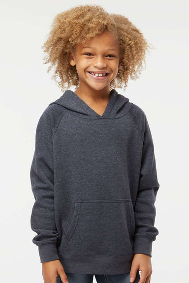 Independent Trading Company PRM15YSB Youth Special Blend Raglan Hooded Sweatshirt Hoodie w/ Pouch Pocket Midnight Navy Blue Model Front