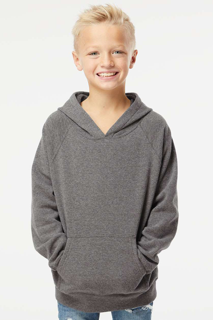 Independent Trading Company PRM15YSB Youth Special Blend Raglan Hooded Sweatshirt Hoodie w/ Pouch Pocket Nickel Grey Model Front