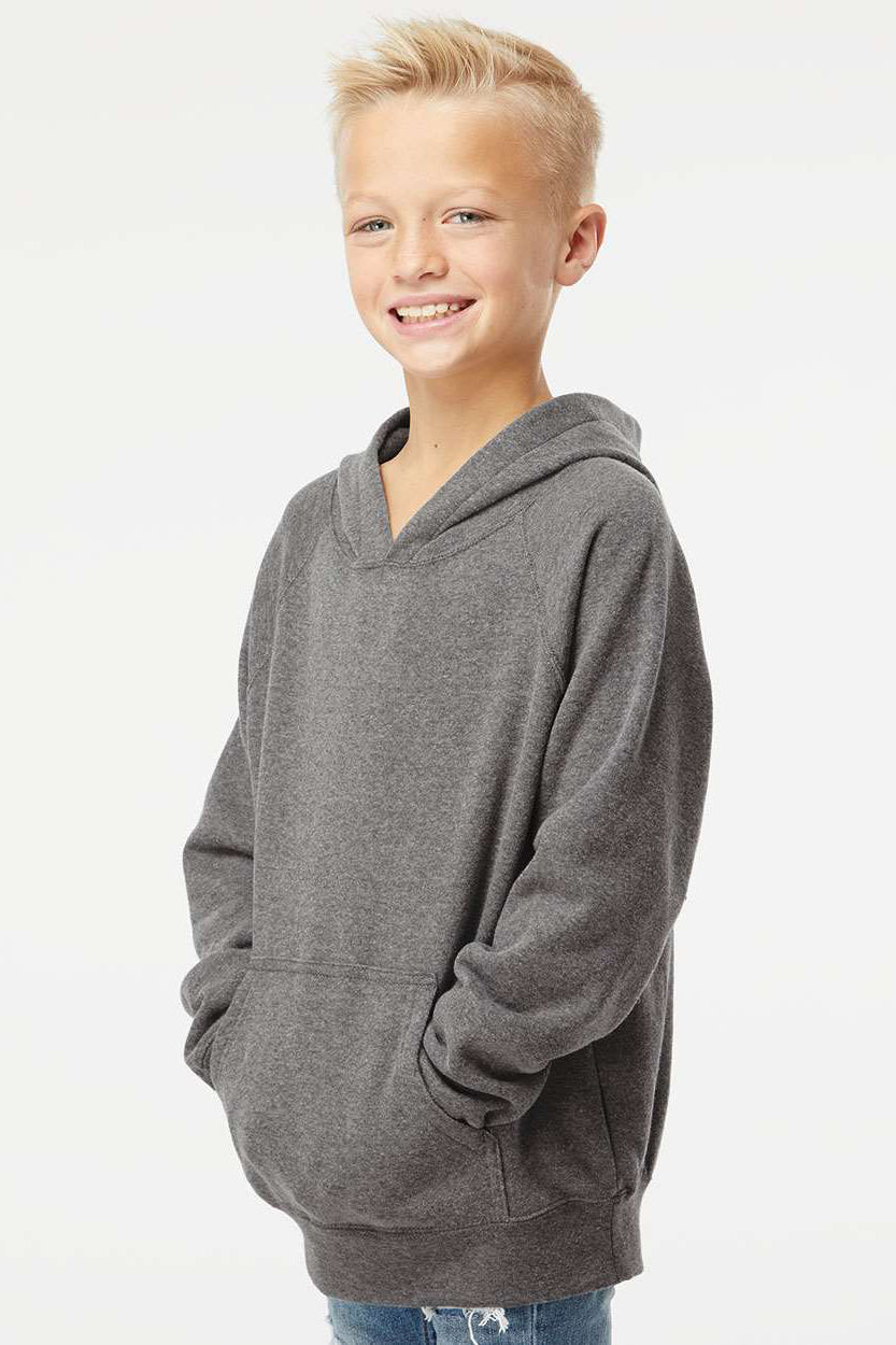 Independent Trading Company PRM15YSB Youth Special Blend Raglan Hooded Sweatshirt Hoodie w/ Pouch Pocket Nickel Grey Model Side