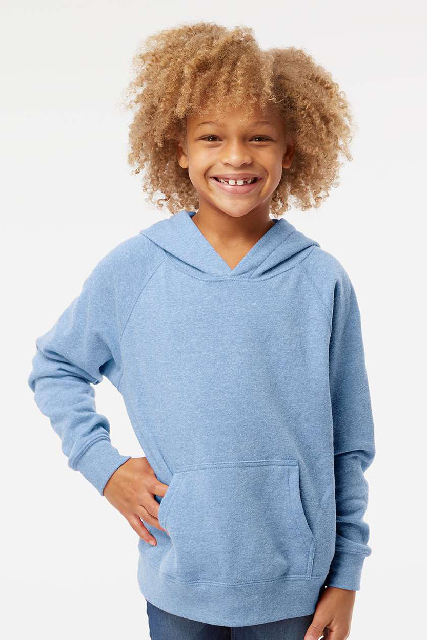 Independent Trading Company PRM15YSB Youth Special Blend Raglan Hooded Sweatshirt Hoodie w/ Pouch Pocket Pacific Blue Model Front