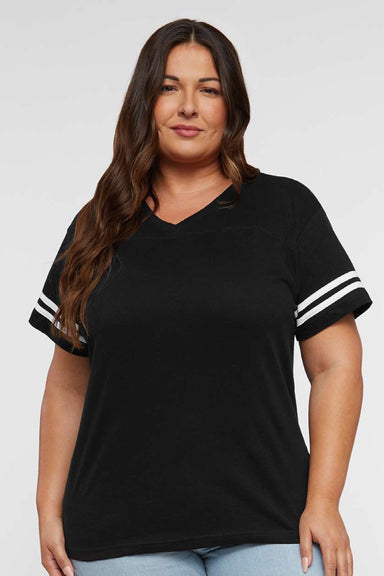 LAT 3537 Womens Fine Jersey Short Sleeve V-Neck T-Shirt Solid Black/White Model Front