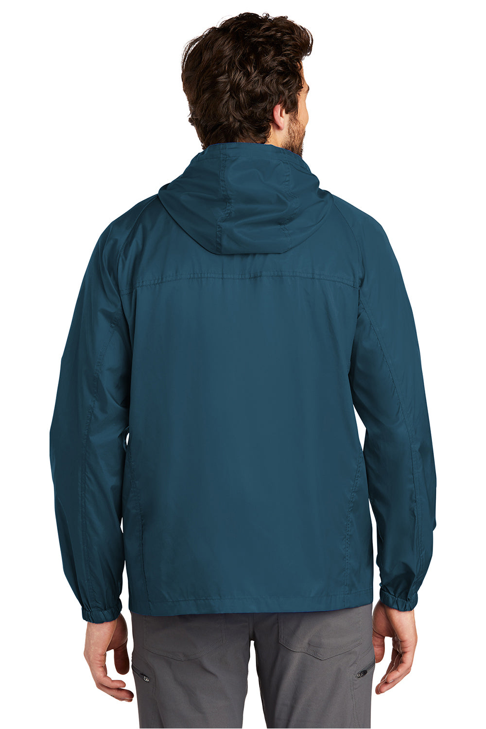 Eddie Bauer EB500 Mens Packable Wind Resistant Full Zip Hooded Jacket Adriatic Blue Model Back